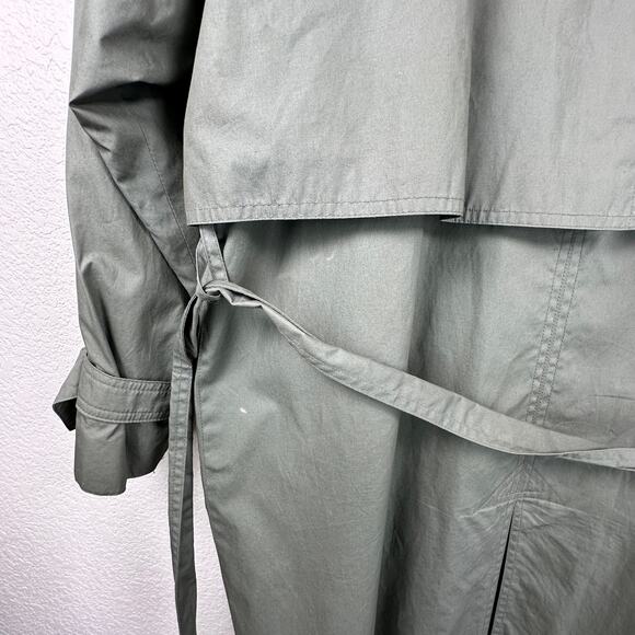 Gallery Green Long Trench Coat Size 12 Removable Lining Leather Contrast - Picture 5 of 13